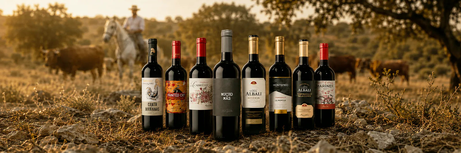 Mixed case of 24 Spanish red wines lined up at golden hour in the Spanish countryside with a rancher on horseback