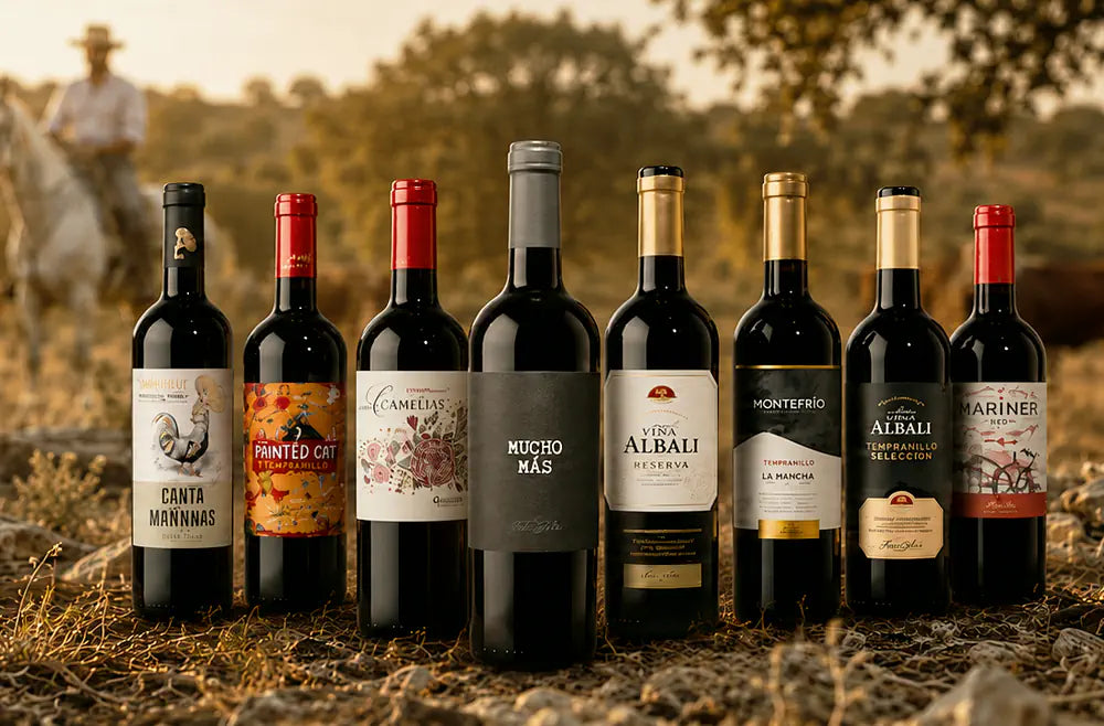 Mixed case of 24 Spanish red wines lined up at golden hour in the Spanish countryside with a rancher on horseback
