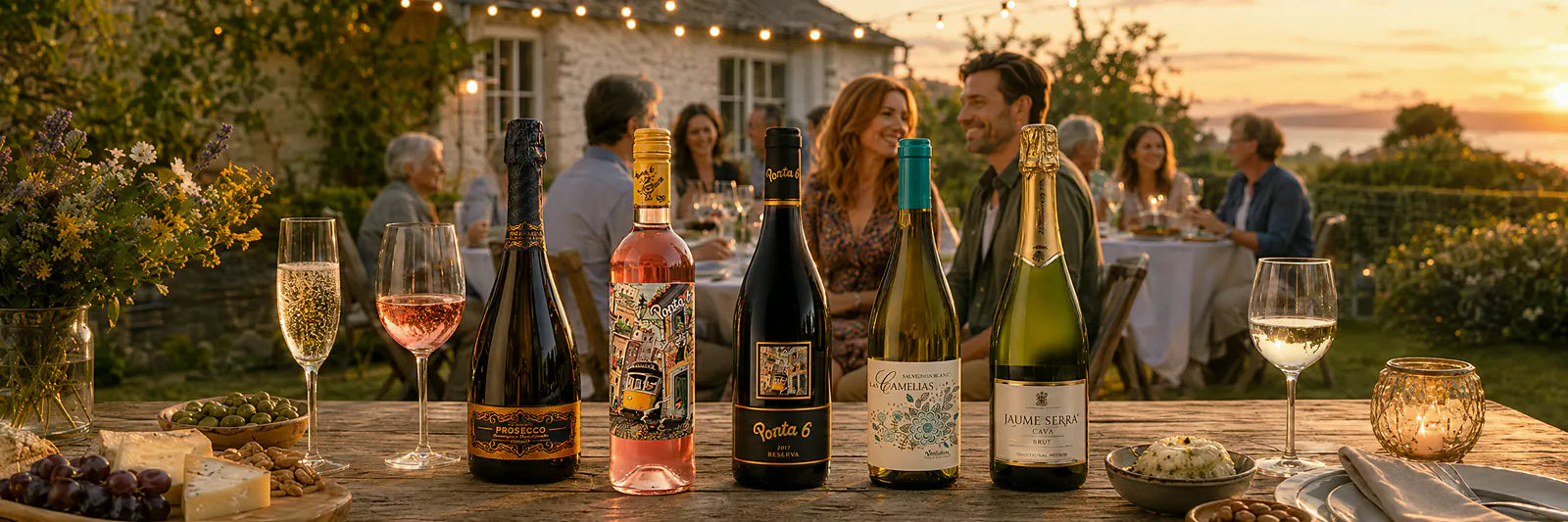 Summer sale sparkling, rosé and white wines on an outdoor table at a sunset garden party