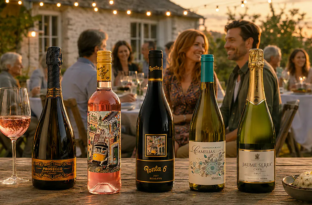 Summer sale sparkling, rosé and white wines on an outdoor table at a sunset garden party